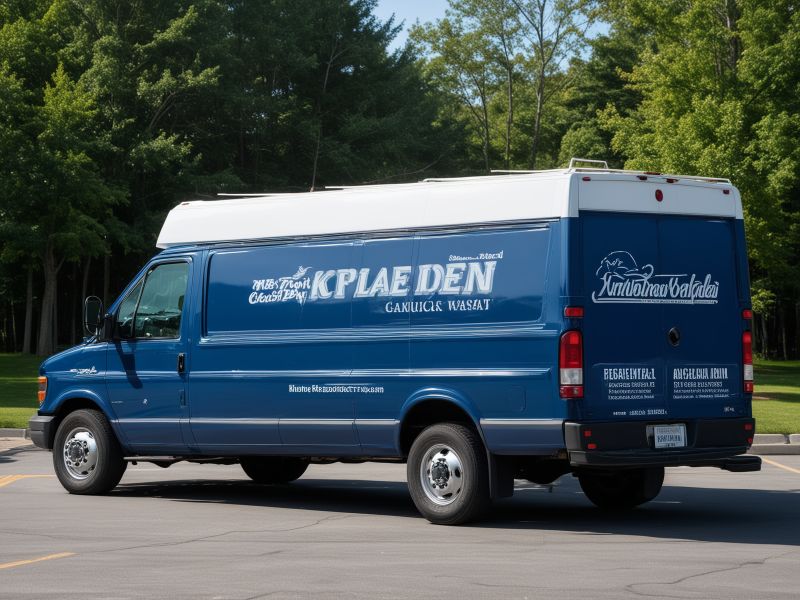 Professional blue delivery truck with clean white corporate lettering showing company name and contact information on sides