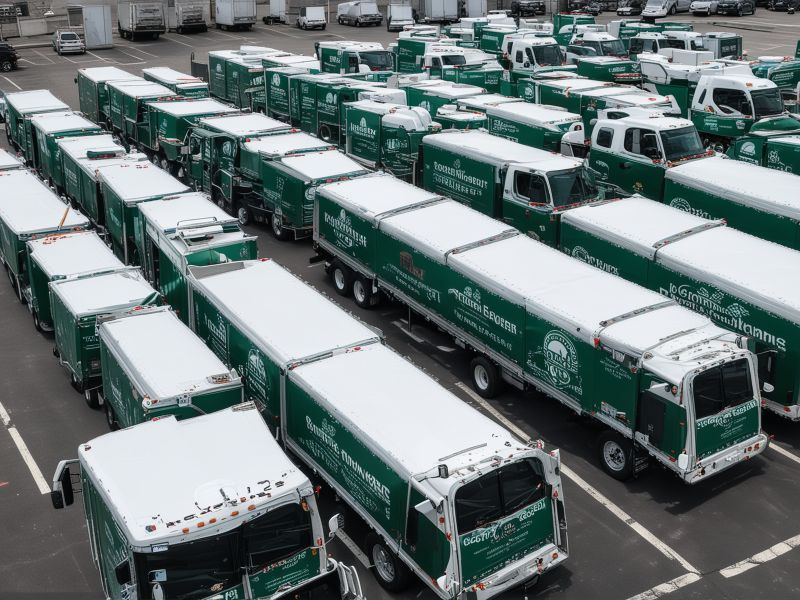 Large fleet of delivery trucks with identical professional branding showcasing successful fleet graphics project completion
