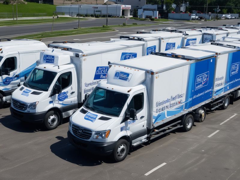 Multiple professional delivery trucks with consistent corporate blue and white fleet graphics parked in formation showing brand uniformity