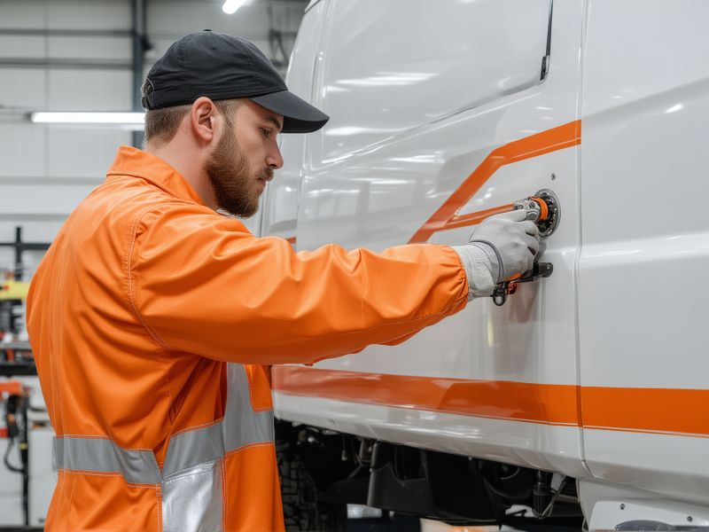 Skilled technician applying professional orange vinyl striping to white delivery truck in clean workshop