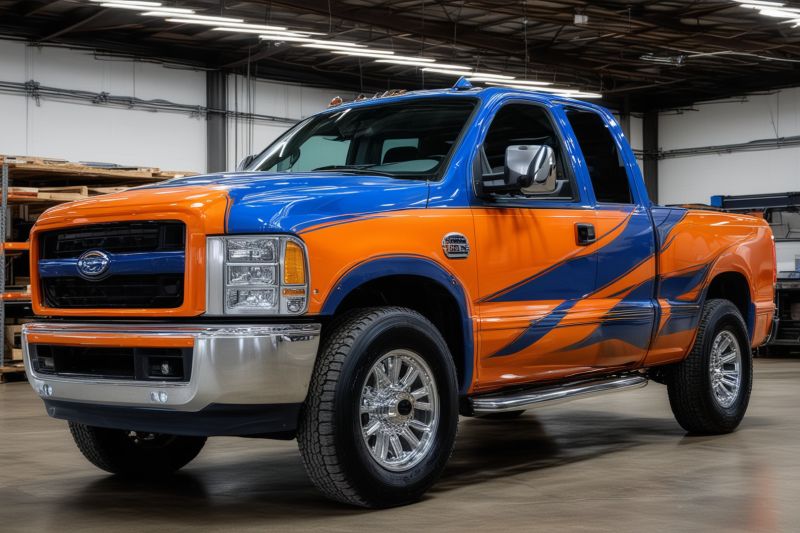 Professional truck with custom blue and orange striping design in modern warehouse