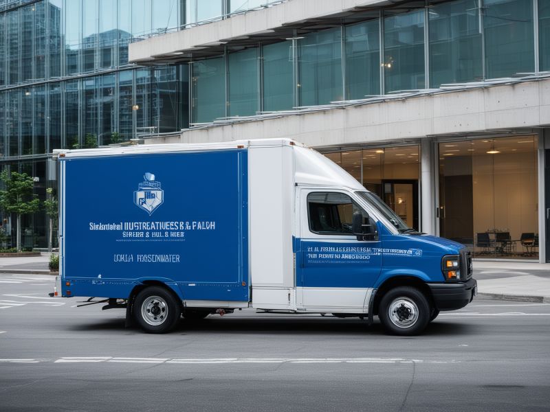 Professional blue and white delivery truck with clean corporate graphics parked in modern business district