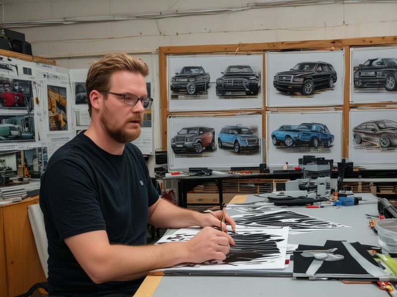Founder James Oldaker working on custom vehicle graphics design in professional studio workshop with modern equipment