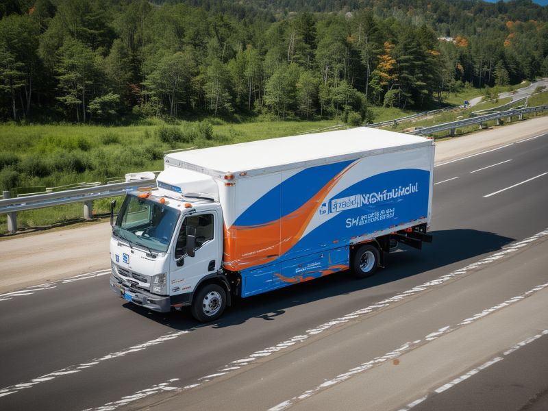 Professional white delivery truck with vibrant blue and orange corporate graphics driving on highway