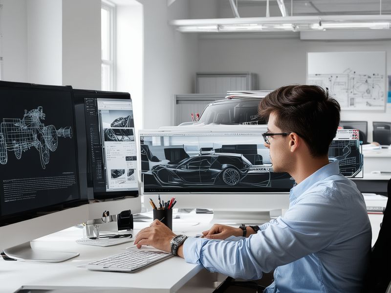 Designer working on vehicle graphics mockup on computer screen in modern office