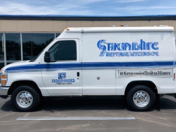 Clean white service truck with blue and silver custom striping and professional company branding