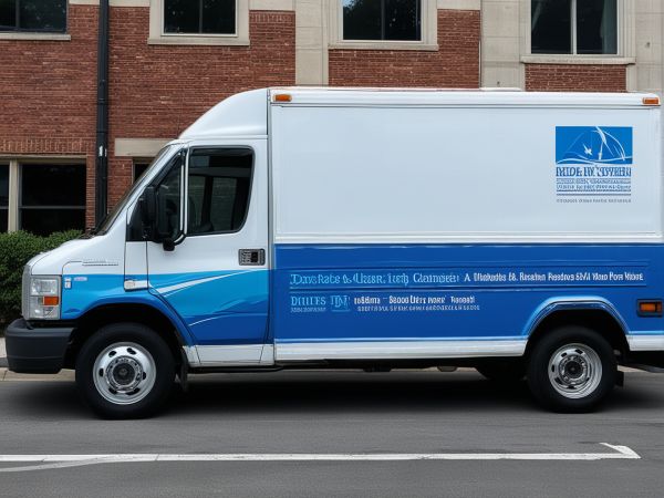 Professional delivery truck with blue and white corporate graphics featuring company logo and contact information