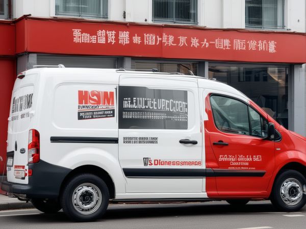 Modern white delivery van with professional red and white delivery service graphics and phone number