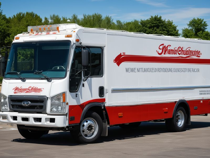 Professional red and white delivery truck with comprehensive corporate graphics package showcasing branding and contact information