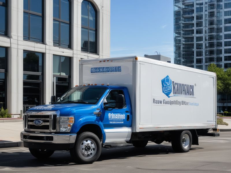 Professional blue and white delivery truck with clean corporate lettering and logo graphics in urban setting