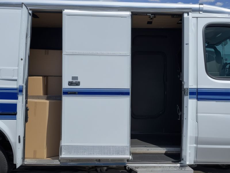 Professional installation of blue racing stripes on white delivery truck door showing precision craftsmanship